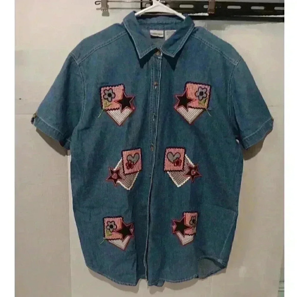 "CABIN CREEK" Womens Button DwnTop L Denim‎ Shirt Short Sleeve W/Red,White, Blue - Picture 1 of 5